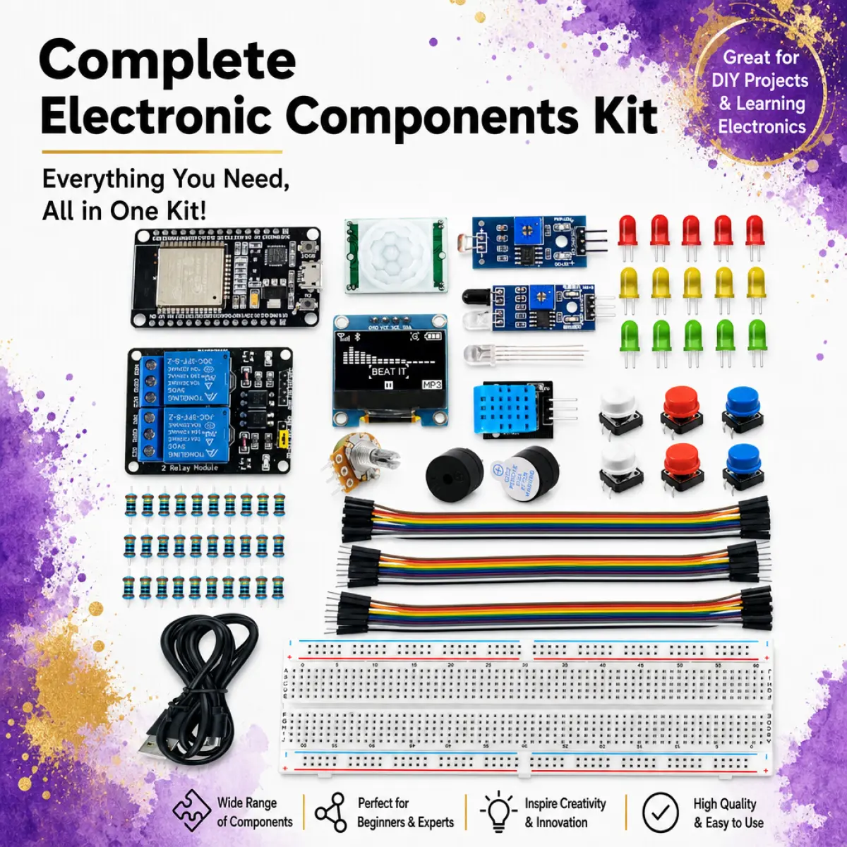 20-in-1 ESP32 Starter Kit with OLED, DHT11, PIR Sensor, Relay, Buzzer, LEDs, Breadboard – Complete Electronics Learning Set for DIY IoT & Home Automation Projects