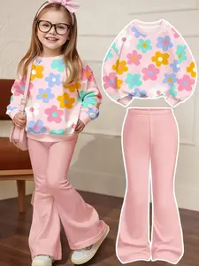 Soft Casual Sweet Dopamine Floral Print Crewneck Sweater and Flared Pants Set Fashion Style Sets for Fall, Trendy for Tween Girls, Comfortable Layering for Back to School