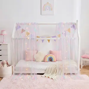 Bed Canopy for Girls Rainbow Tie-Dye Canopy Bed Curtains Twin with Lights Princess Sheer Bed Canopy Scarf for Girls Room Decor 2 Panel