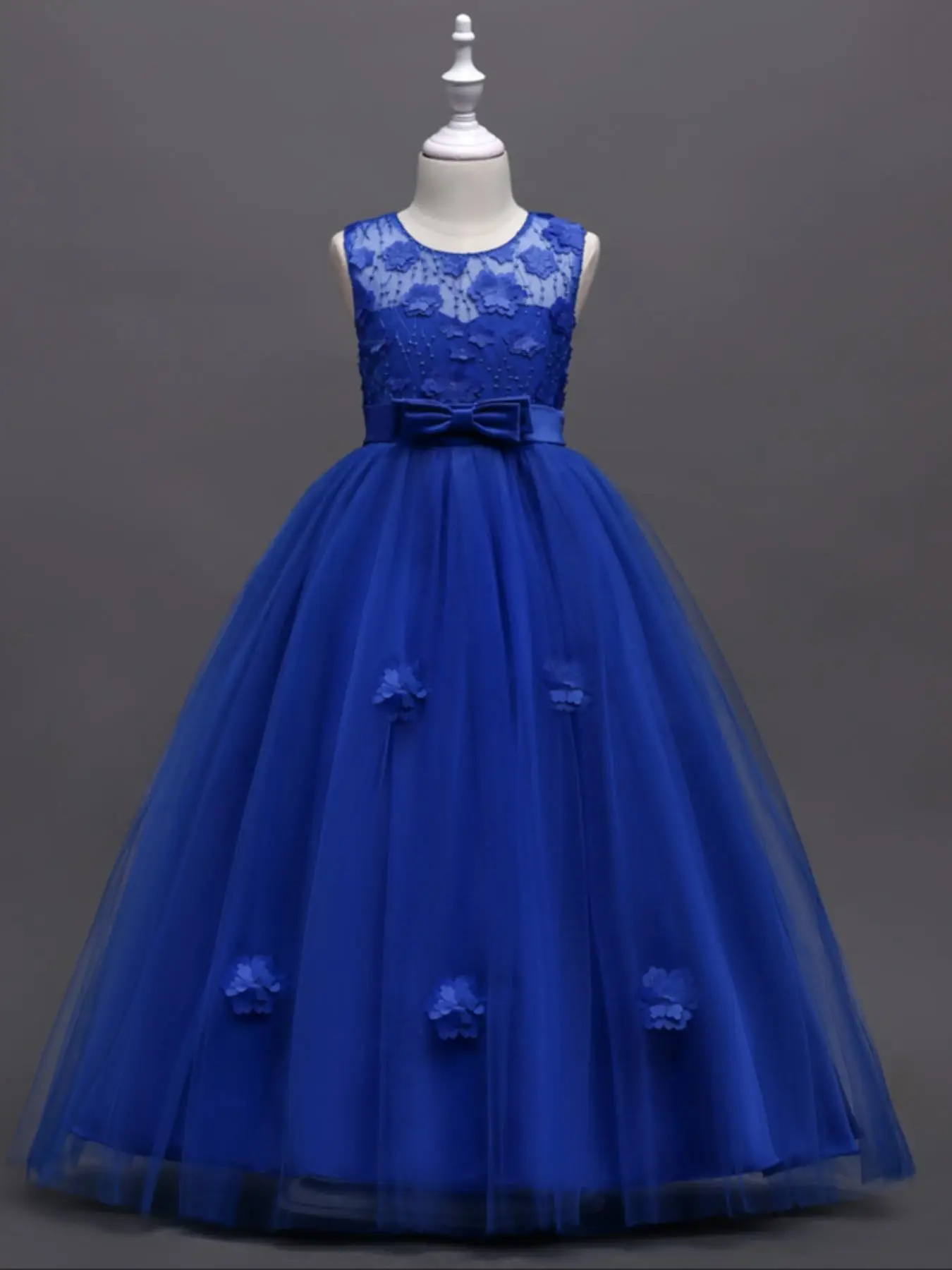 Girl's Floral Embroidery Appliques Bow Front Tulle Party Dress, Elegant Sleeveless Round Neck Fit & Flare Dress for Performance Show Party, Kids Cloth