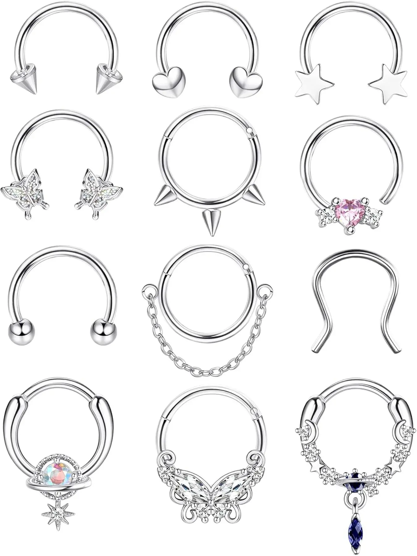 16G 10MM Septum Rings for Women Hypoallergenic Surgical Steel Septum Jewelry Septum Pierced Ring Heart Butterfly Nose Lip Piercing Hinged Nose Hoop Nose Rings Hoops