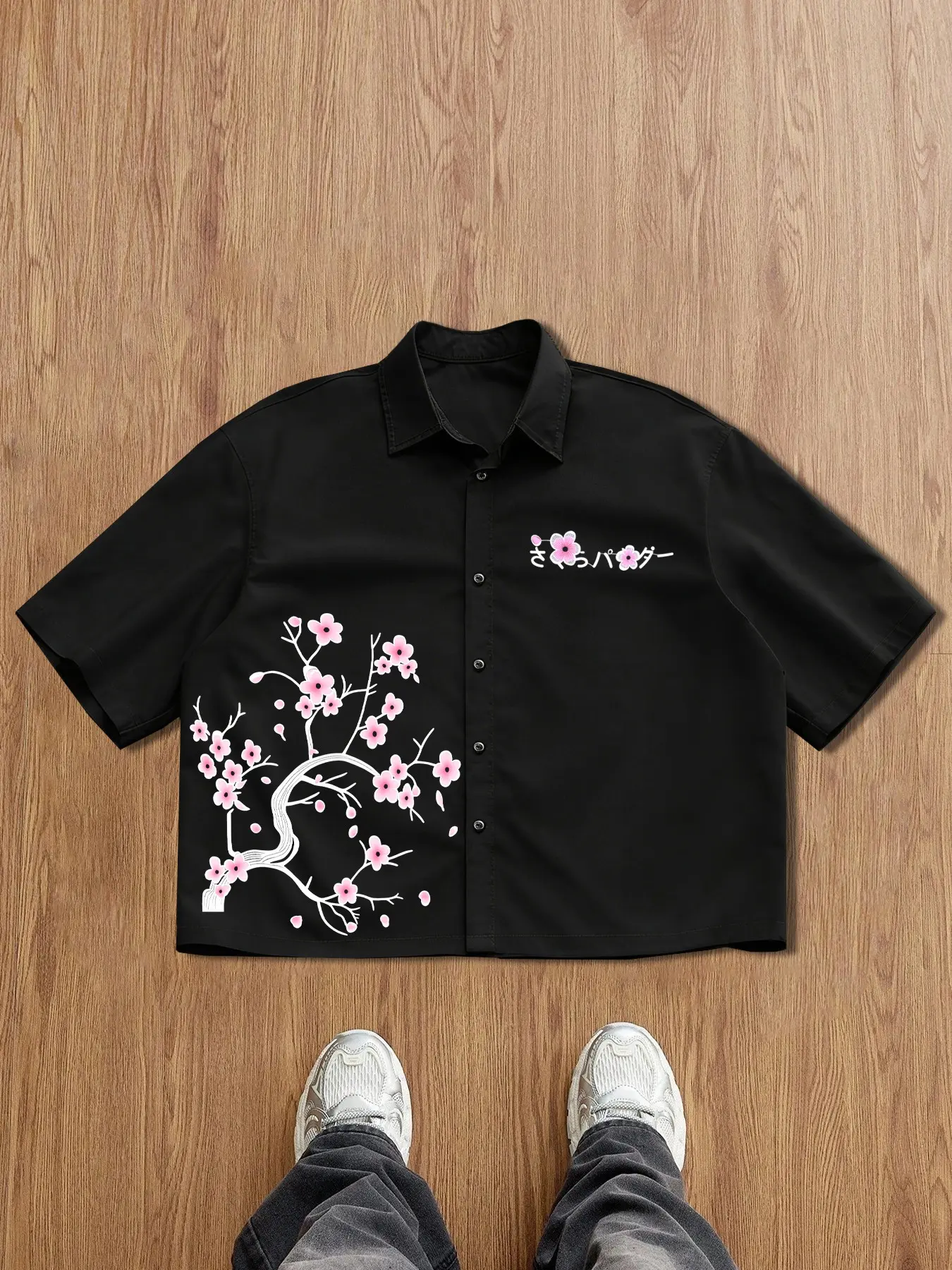 Men's Casual Short Sleeve Shirt, Floral Cherry Blossom Print, Petals on Background, Comfortable Fabric, Street Style