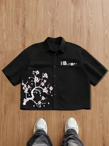 Men's Casual Short Sleeve Shirt, Floral Cherry Blossom Print, Petals on Background, Comfortable Fabric, Street Style
