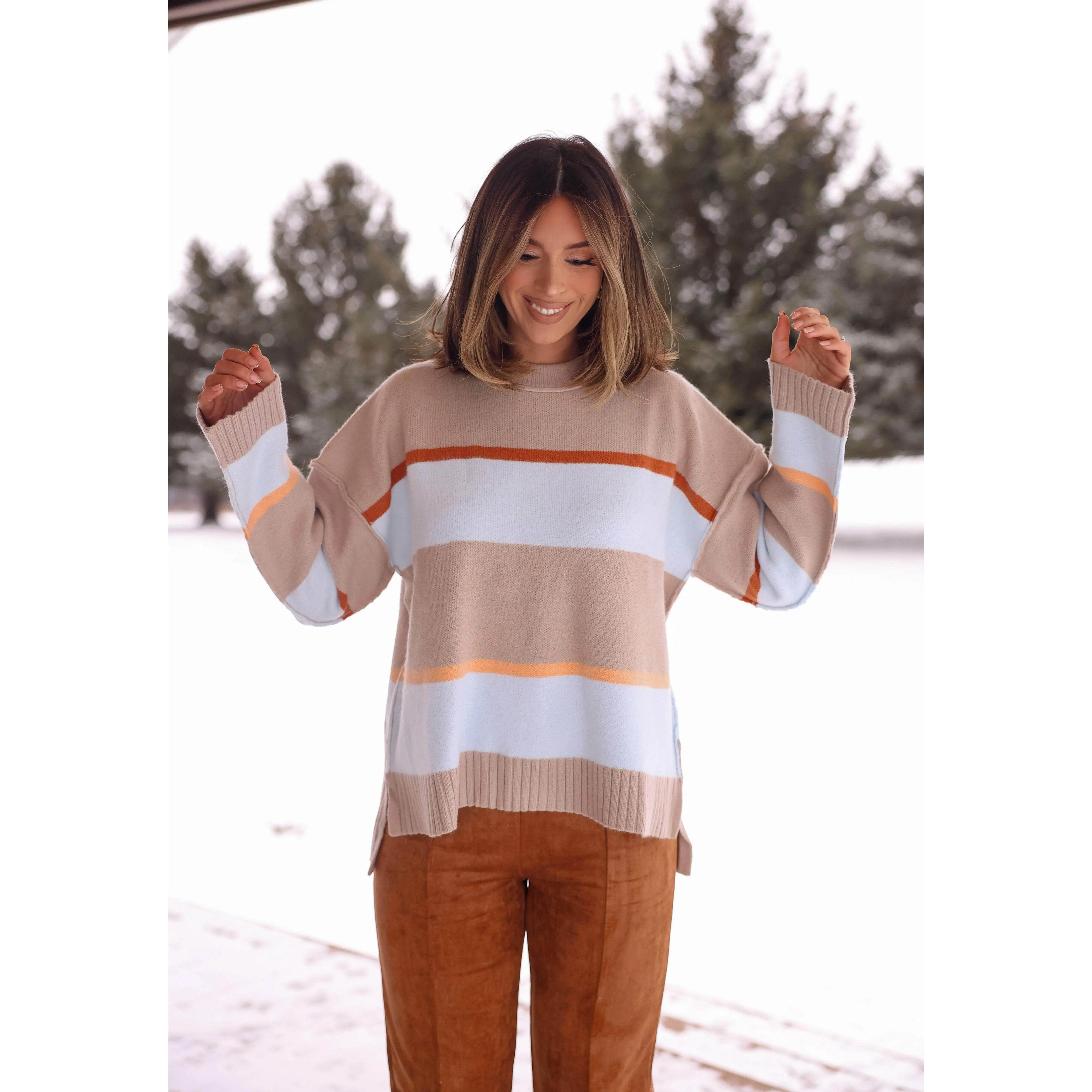 Women's Striped Sweater, Casual Long Sleeve Pullover Knitwear with a Soft Polyester Nylon Fabric for a Playful Style, Stretchy, Chic, Tops, Striped Sweater Women's Pullovers, Cold Wash, Piece, Pullover Style