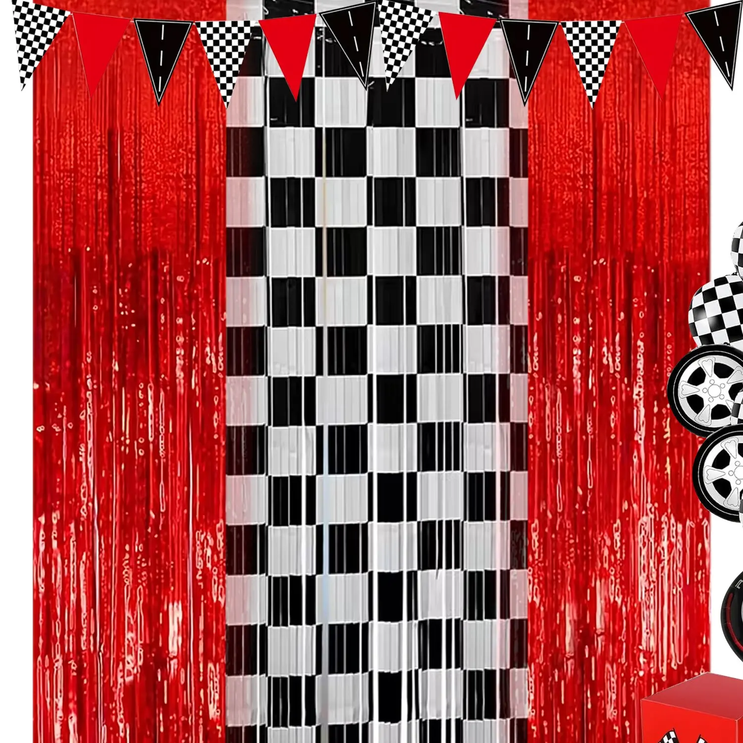 Racing Birthday Party Decorations for Boys – 3PCS Red & Checkered Foil Fringe Curtains, Two Fast Race Car Party Backdrop, Racing Theme Birthday Supplie Party Decoration Supplies