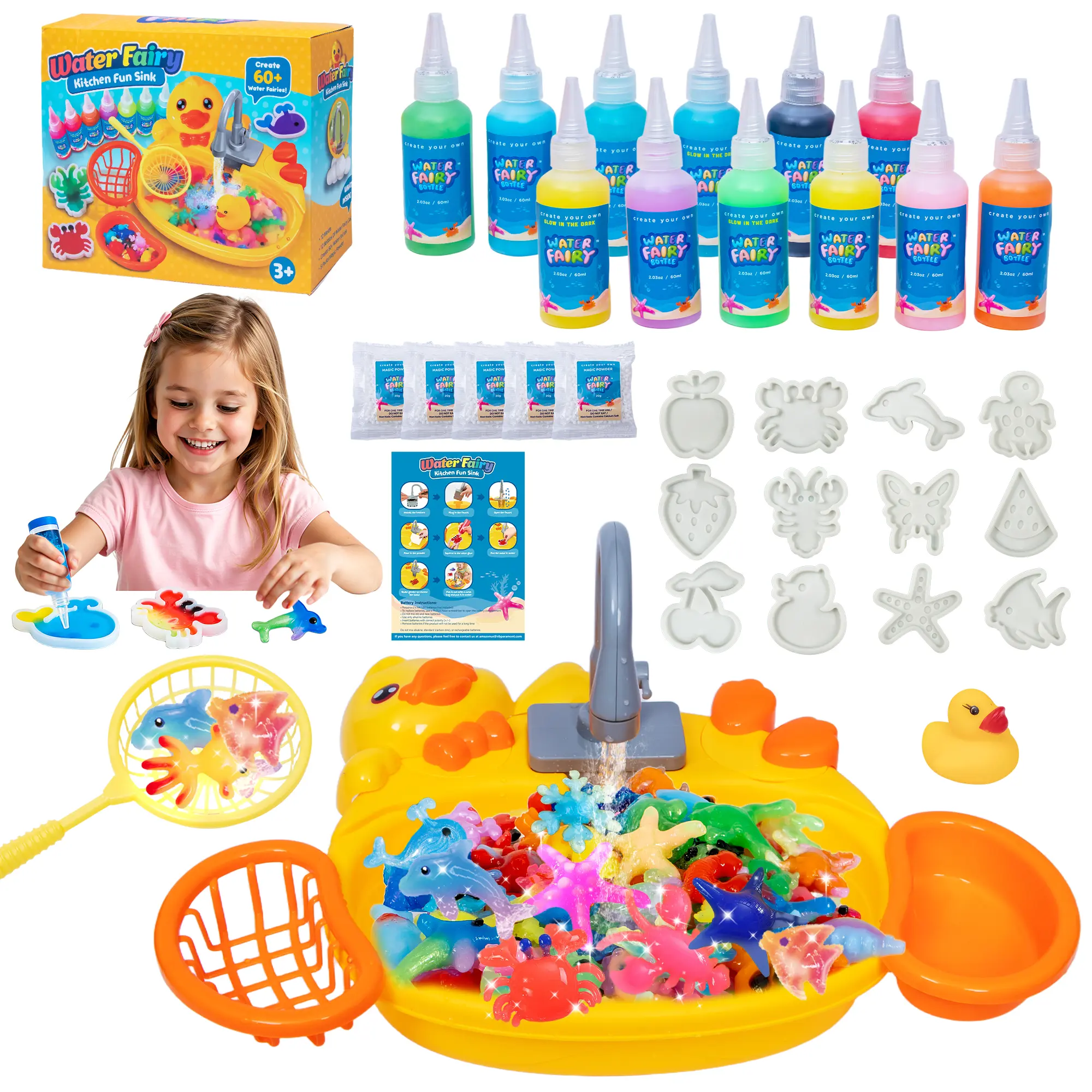 CRAFTSPOT! Magic Water Elf Toy Set – Duck Pool DIY Gel Animals, 12 Paints, 12 Molds, Non-Toxic STEM Sensory Toy for Kids,