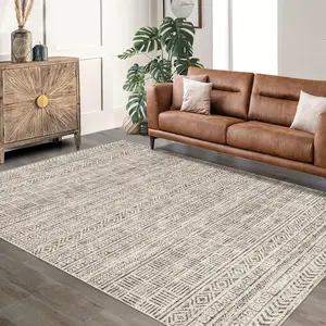GARVEE Area Rug 9'x12' Boho Textured Design Living Room Non Slip Low-Pile Soft Tribal Print Bedroom Rug Stain Resistant Playroom Carpet Office Beige