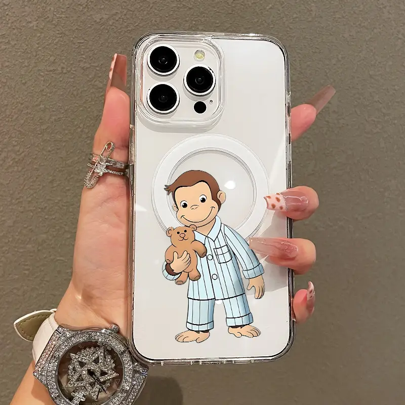 Soft Girl Magnetic Smartphone Casing for iPhone 11/12/13/14/15/16/17 Pro Max, Monkey in Pajamas Design, Lightweight, Drop-Protection, MagSafe Compatible Mobile Phone Accessories with Impact Resistance, Ideal for Teen Girls