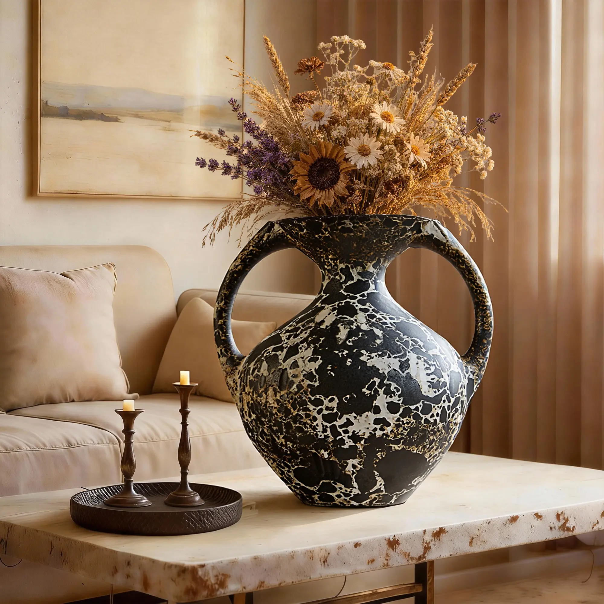 9.25 in Handmade Double-Handle Ceramic Vase - Unique Marbled Kiln Glaze Rustic Pottery Vase for Vintage Table Home Decor