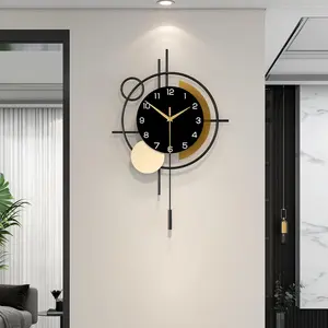 Wall Clock for Living Room Decor Decorative Wall Clock with Pendulum Silent Quartz Battery Operated Black Metal Large Clock for Dining Room,Kitchen,Home,Bathroom,Bedroom,13.8x21.3 in