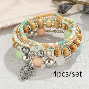 4 PCS Boho Bracelet - Bohemian Healing Style Beaded Braided charm Leaf Pendant Handmade Seed Bead Jewelry Set 4pcs Gift For Her Bracelet Collection, Soul Sister, Teammate, Company Employees