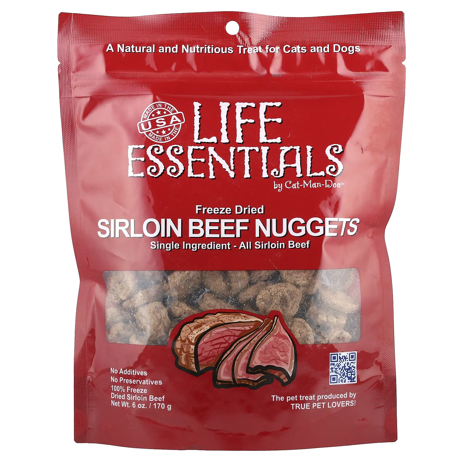 Cat-Man-Doo Life Essentials, Freeze Dried Sirloin Beef Nuggets, For Cats and Dogs, 6 oz (170 g)