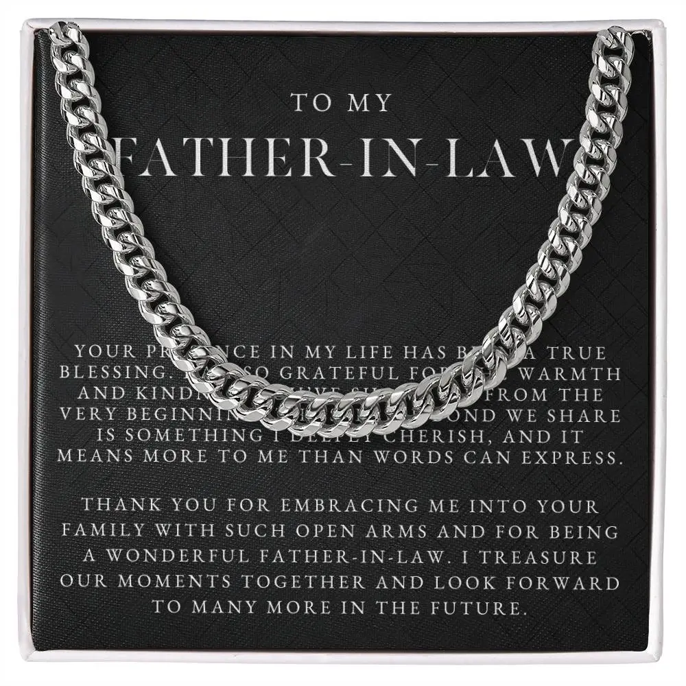 To Father In Law Cuban Chain Necklace From Daughter Or Son in Law, Fathers Day Appreciation Gift For Him, Sentimental Necklace With Message LED Box