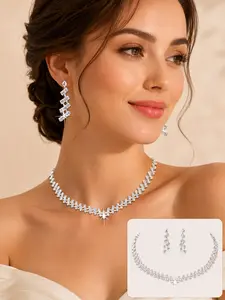 Silver Tone Rhinestone Choker Necklace and Earrings Set for Women, Sparkly Bridal Wedding Jewelry Set, Prom Bridesmaid Party Accessories