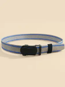 No-Hole Adjustable Nylon Belt, Gray and Blue Striped Webbing Waist Belt with Quick-Release Buckle, Easy to Use for All Casual and Active Wear