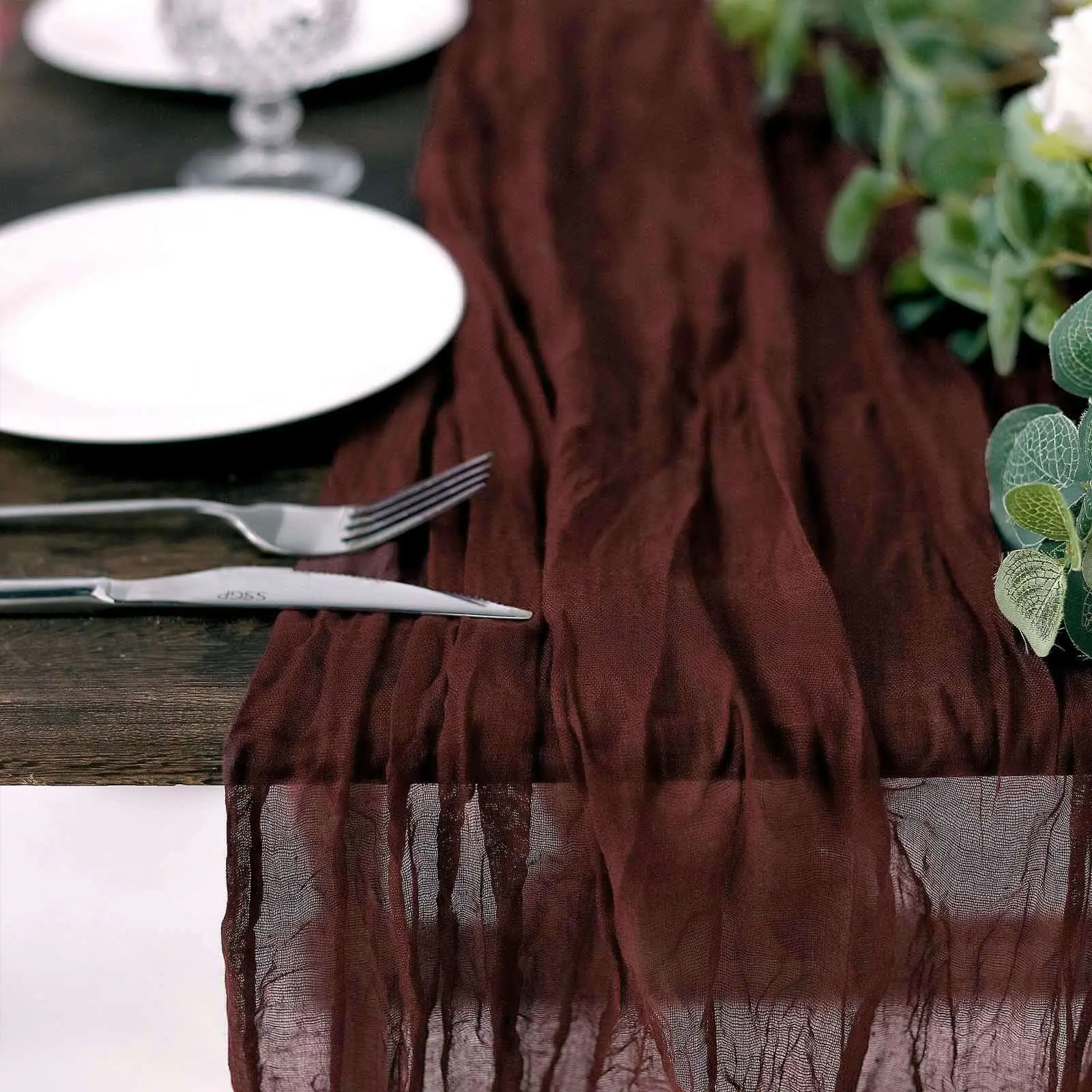 Burgundy Textured Sheer Gauze Cheesecloth Table Runner, 10ft Rustic Boho Gauze Look for Event Decoration, Shedding