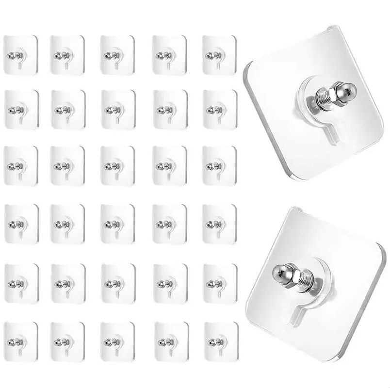Nail-Free Hooks, Adhesive Picture Frame Hooks, Heavy-Duty Nail-Free Picture Hangers, Strong Adhesive Transparent Waterproof Hangers, Bathroom & Kitchen Adhesive Hooks
