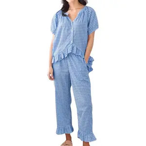 Loveimgs Women's Plaid Two-Piece Pajama Set (Short-Sleeve Babydoll Top + Long Pants) — Cute & Casual Loungewear
