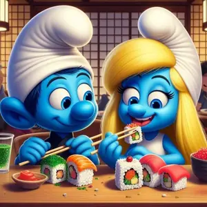 5D DIY Full Drill Round Diamond Painting - Diamond Art Kit Smurfs Eating Sushi Mosaic, Canvas - DIY Decor Painting, Home Wall Art, Suitable for Halloween and Christmas, Birthday and Anniversary Gifts