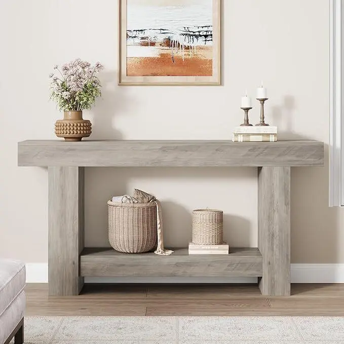 63" Farmhouse Console Table, Rectangular 2-Tier Storage Shelf Accent Piece for Entryway, Living Room or Behind Couch