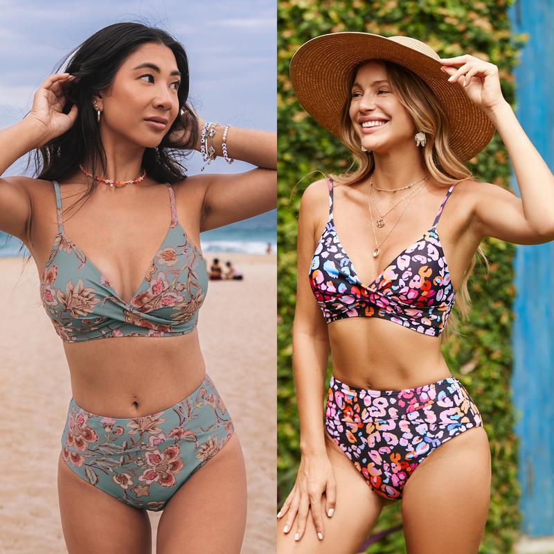 CUPSHE 【Valentine's Day】 High Waisted Bikini Sets for Women 2026: Tummy Control Two Piece Swimsuit with Twist Front V Neck & Adjustable Straps, Size Inclusive XS XXXL Floral Bathing Suits