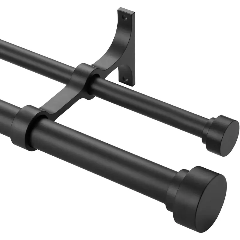Heavy Duty Double Curtain Rods with Cylindrical Cap Finials - 72 to 144' Telescoping Rods, 1 Inch Diameter Front, 5/8 Inch Diameter  - Matte Black