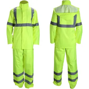 Class 3 High Visibility Rain Suit With Collapsible Hood Lime Reflective Safety Waterproof Worker Jacket & Pants (L/XL Yellow)