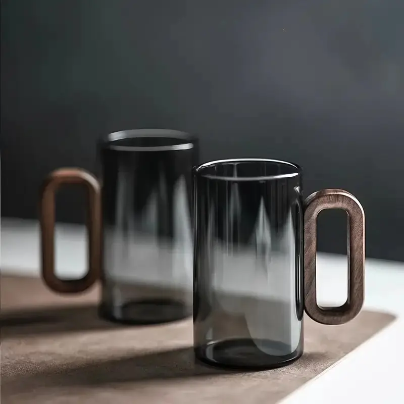 Smoke Borosilicate Glass Cup with Wooden Handle, Fashion Design, Living Room Smoke Wood Handle Cup Set, Home Office Gift Water Glass Cup, Glass Drinking Cup, Glass Beverage Cups, Drinkware Glass
