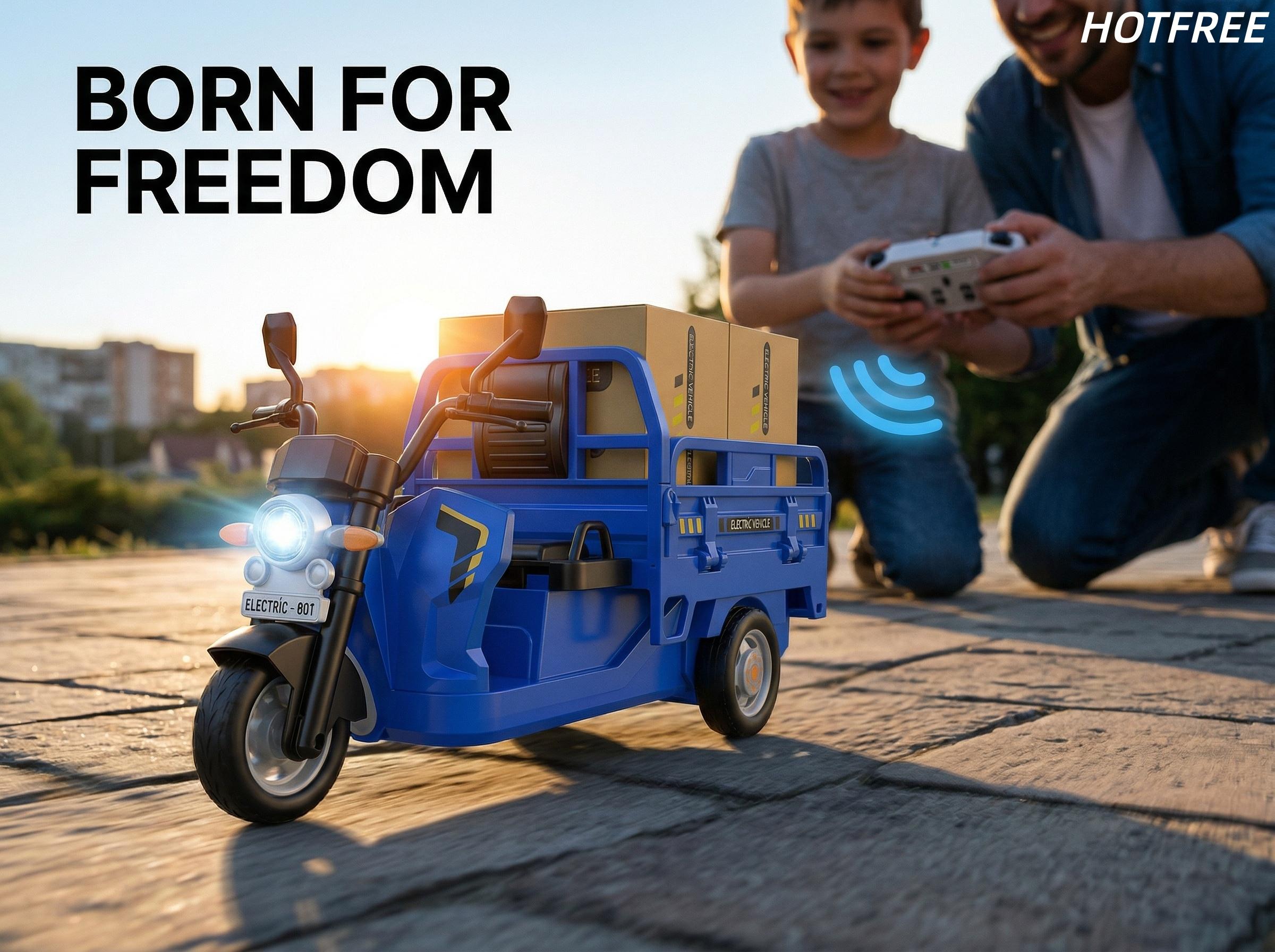 Hotfree Mini RC Cargo Tricycle Toy, 2.4Ghz Remote Control Dump Truck with Loading Bed, Headlight and Sounds, USB Rechargeable Electric Vehicle, Birthday Christmas Gift for Boys Girls Kids Ages 6+