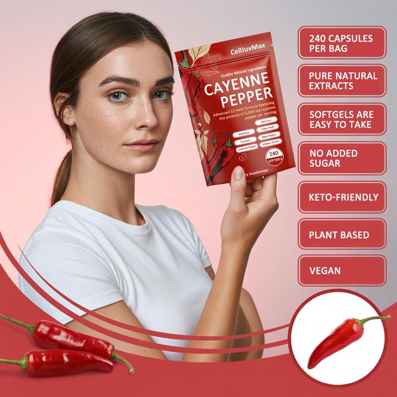 CellJuvMax Cayenne Pepper Supports Leg Vein, Heart and Blood Vessel Health Softgels 240 Capsules – 12-in-1 Advanced Botanical Formula with Turmeric, Grape Seed, Hawthorn, Vitamin D3 + K2 – Vegan, Non-GMO, Keto Friendly
