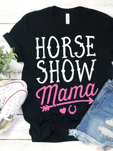 Men's Horse Show Mama Equestrian T-Shirt - Bold White & Pink Horse Racing Design with Jockey Silhouettes - Casual Round Neck Tee for Horse, Rodeo & Western Events - Black Graphic Shirt for Dads & Horse Lovers