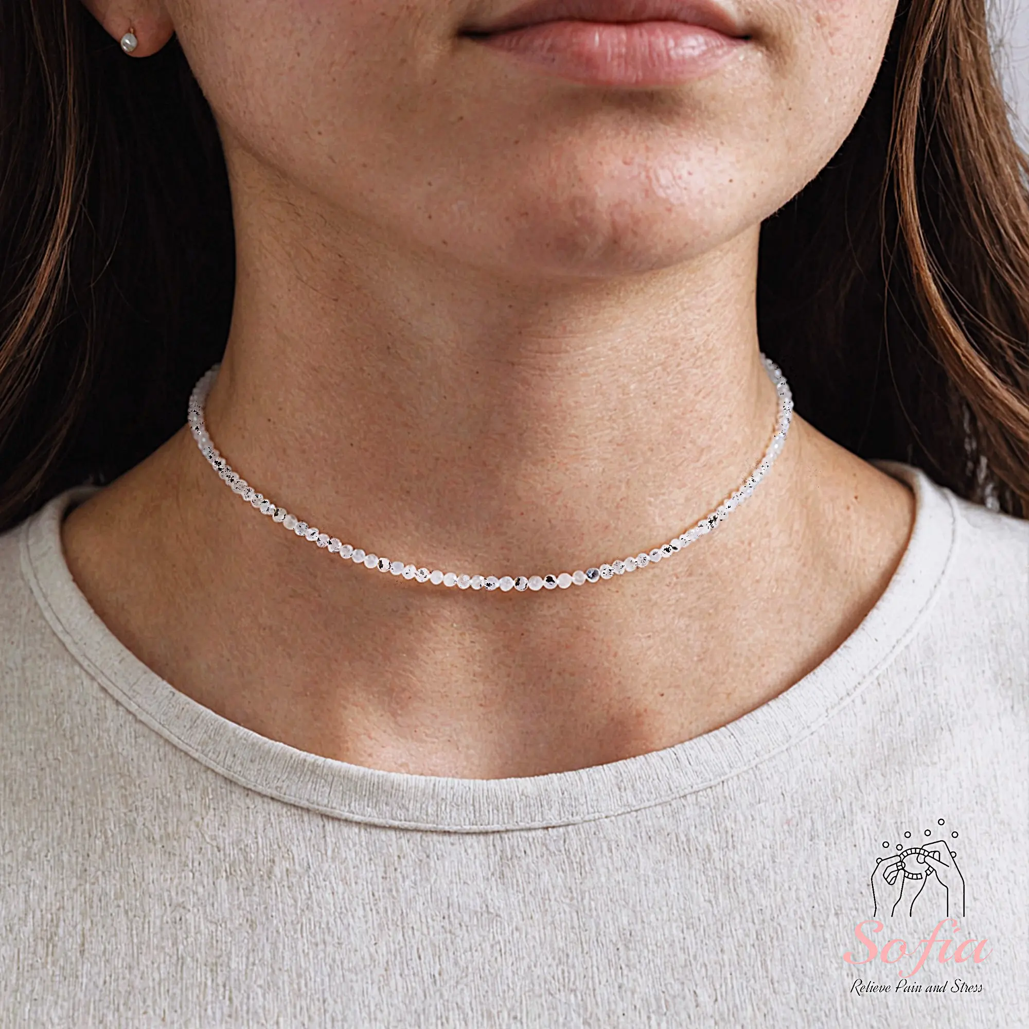 Delicate Black Moonstone Beads Choker Necklace, Tiny Dainty Faceted Gemstone Beaded Necklace, Waterproof Crystal Beaded Choker, Dainty Minimalist Style for Women Handmade Adjustable, gift for her