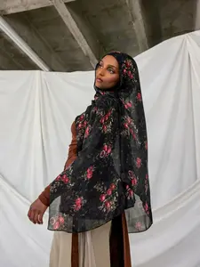 Women Floral Hijab Scarves, Fashion Zaoan Print Headscarf, Muslimah Elegant Daily Wear, Breathable Fabric Material