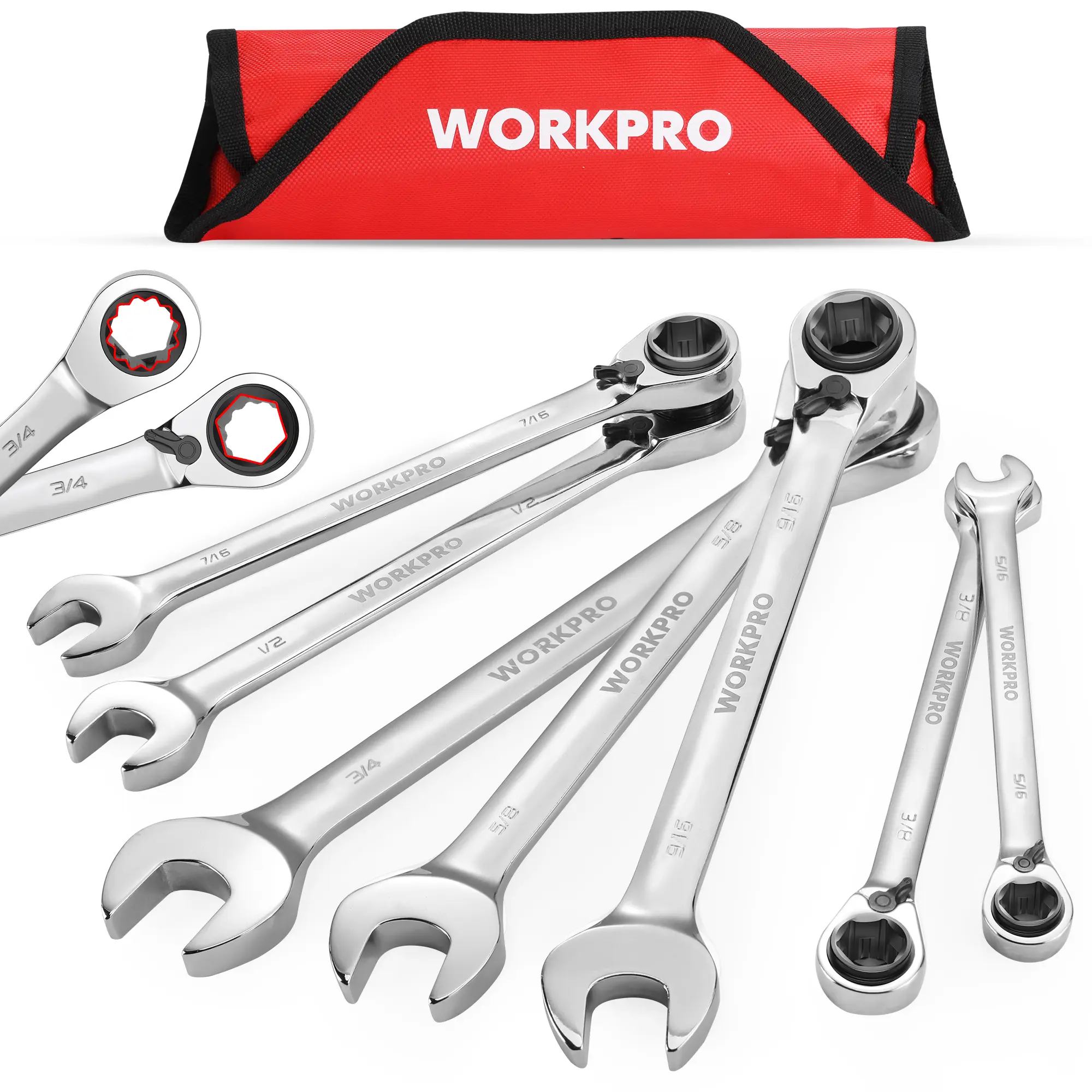 WORKPRO 7 PACKS 3-in-1 Reversible Ratchet Wrench Set, Combination Set, with Rolling Pouch, 72-Teeth, 6PT&12PT&Open-End in one Tool, For Home Improvement, Auto Repairs, Constructions