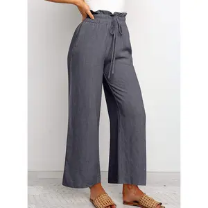 Elastic Waistband Lace-up Wide Leg Pants Solid Color Cropped Pants Casual Blue