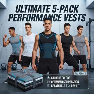 Men's Professional Training Compression Vest Set - 5-Piece Bundle - Quick-Dry, Breathable Crew-Neck T-Shirt - Shaping Compression Top Suitable for Indoor and Outdoor Training, Running, and Fitness