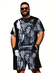 2 sets, men's style, large size, summer casual wear, including 3D printed skull pattern poker card short-sleeved T-shirt and sports shorts. Perfect for holiday beach sportswear, loose fit.