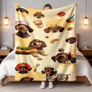 Cute Sausage Dog Food Patchwork Flannel Blanket, Large Size, Soft Lightweight Warm, Perfect for Bed Sofa Office Camping Travel