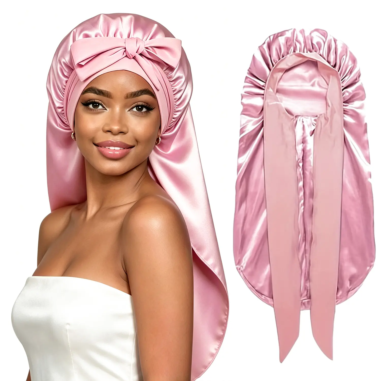 silk sleep bonnet-1PCS Sleeping Long Satin Bonnet Sleeping Cap with Tie Band Comfortable and Breathable Sleep Cap for Women Silk Satin Bonnet