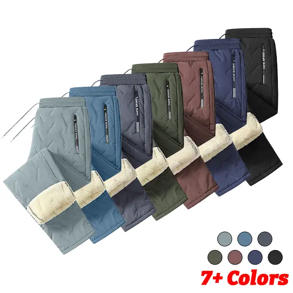 Men’s outdoor windproof thick fleece cotton pants with diamond embossing, warm waterproof fabric, zippered pockets, winter straight‑leg long pants that keep you warm
