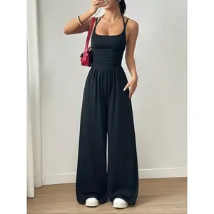 Women’s backless wide-leg jumpsuit with ruched top, sleeveless, casual party street style, fitted one-piece pants