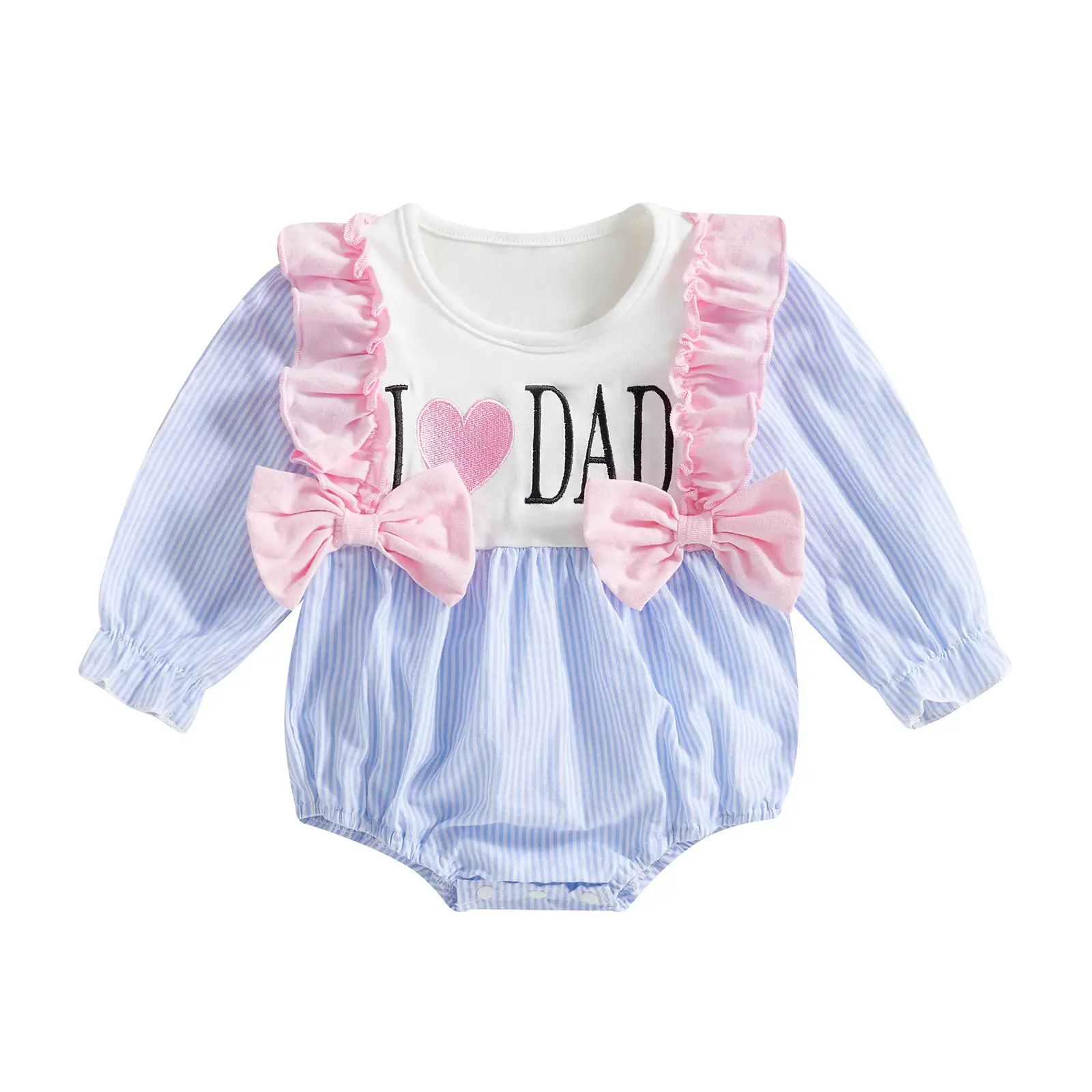Newborn Baby Girl Striped Bodysuit Heart Letter Embroidery Ruffle Long Sleeve Romper Fall Clothes