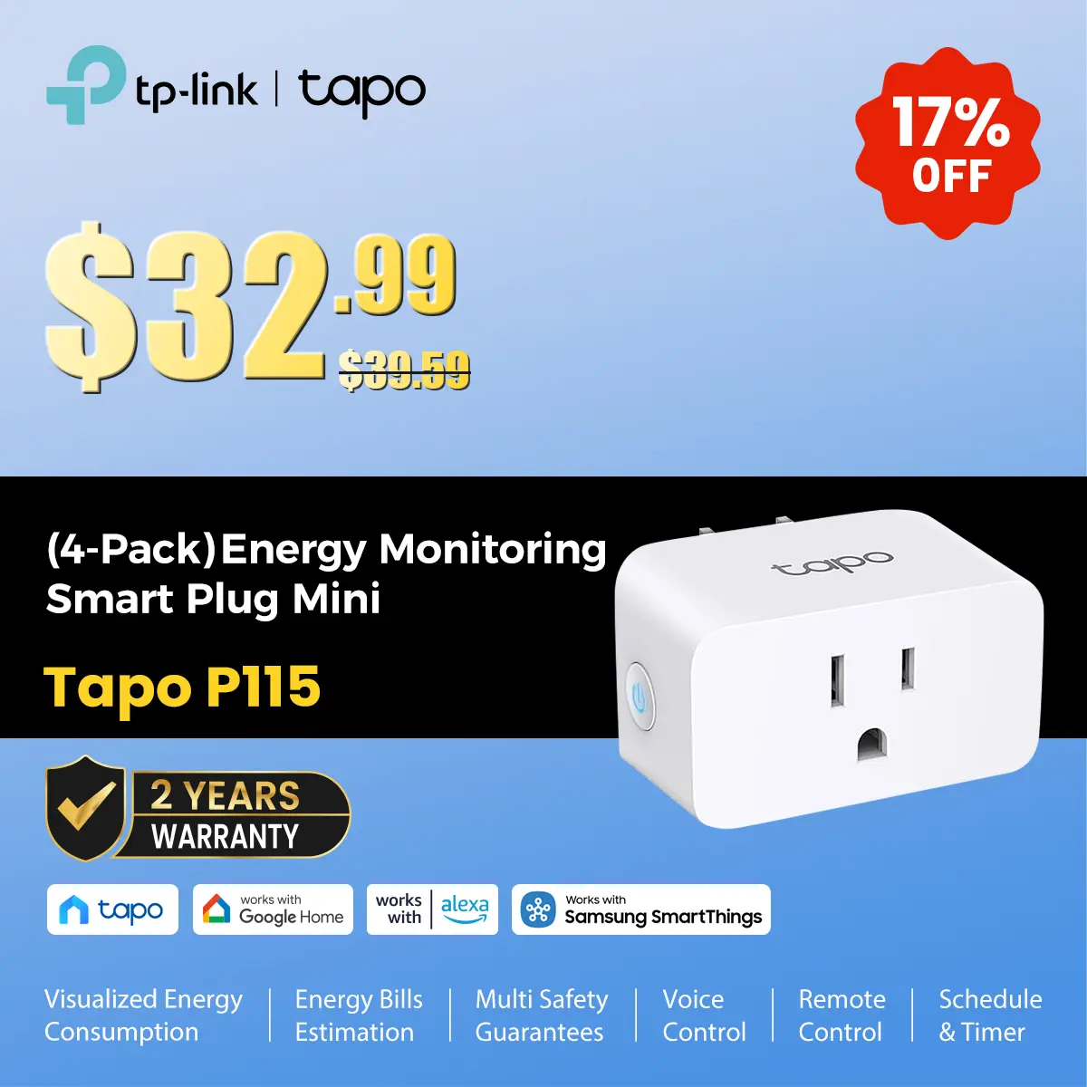 TP-Link & Tapo P115 (4-Pack) – Mini Wi-Fi Smart Plug with Energy Monitoring | 15 A / 1,800 W | Works with Alexa, Google Home & Samsung SmartThings | Remote & Voice Control | Timer / Schedule / Away Mode | ETL Certified | #SummerWins #DealsForYouDays