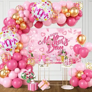 Mother's Day Balloon Arch Kit Hot Pink Gold Balloon Garland Kit with Happy Mother’s Day Backdrop Mom Foil Balloons for Mom's Day Party Decorations