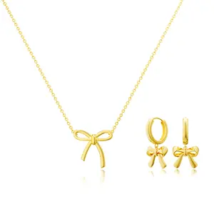 TEWIKY Gold Layered Smooth Circle Bow Earrings And Necklace Dainty Simple Pendant with Elegant Hypoallergenic Jewelry Party Daily Wear For Women Fashion Items Holiday gifts