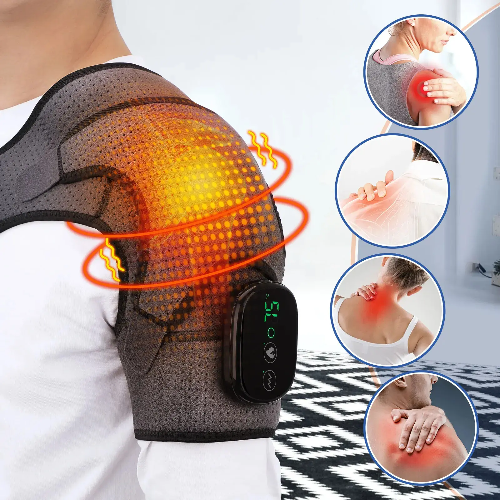Heated Shoulder Brace, Shoulder Heating Pad with Massage, Electric Cordless Heated Shoulder Wrap with 3 Heating & Vibration Levels, Vibration Heated Shoulder Massager for Men Women Relaxation