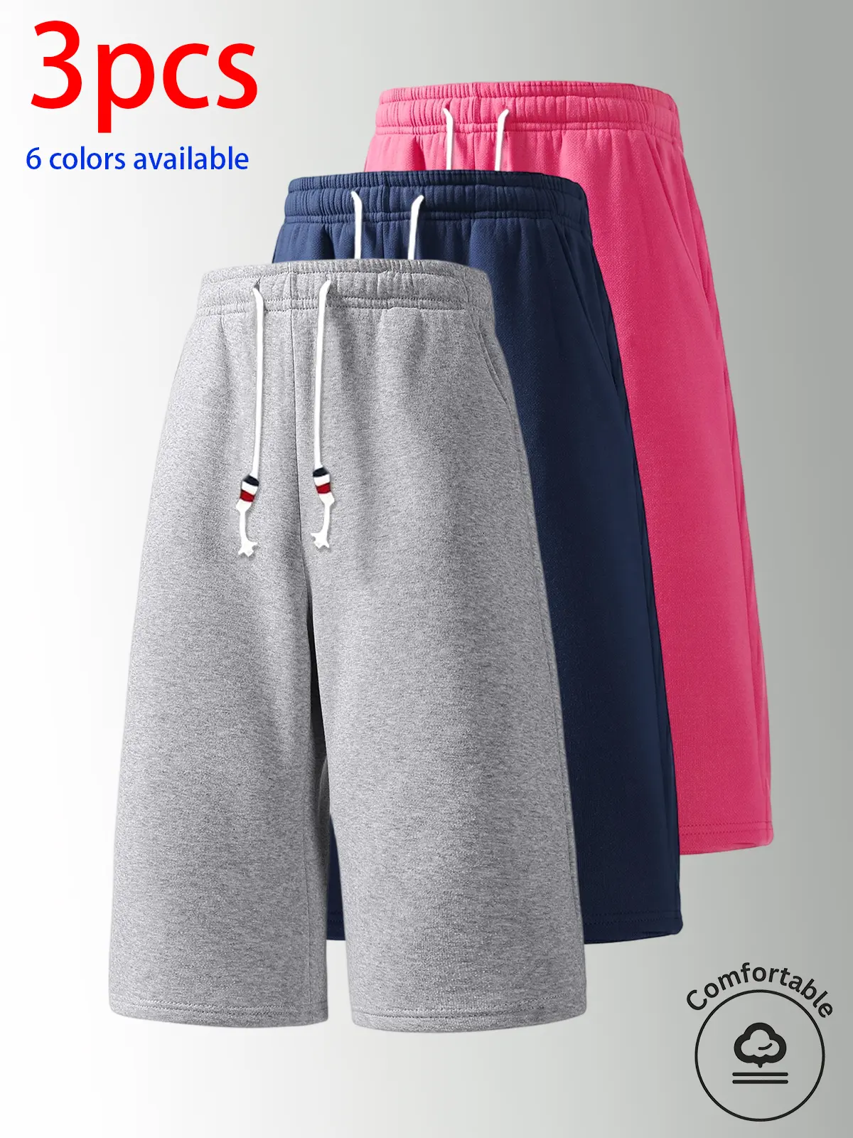 3-pack men’s shorts: men’s casual shorts, men’s mid-length shorts, men’s athletic shorts. Loose straight fit, elastic waistband with drawstring design, soft and skin-friendly, available in multiple colors, solid color for easy matching. Suitable for every