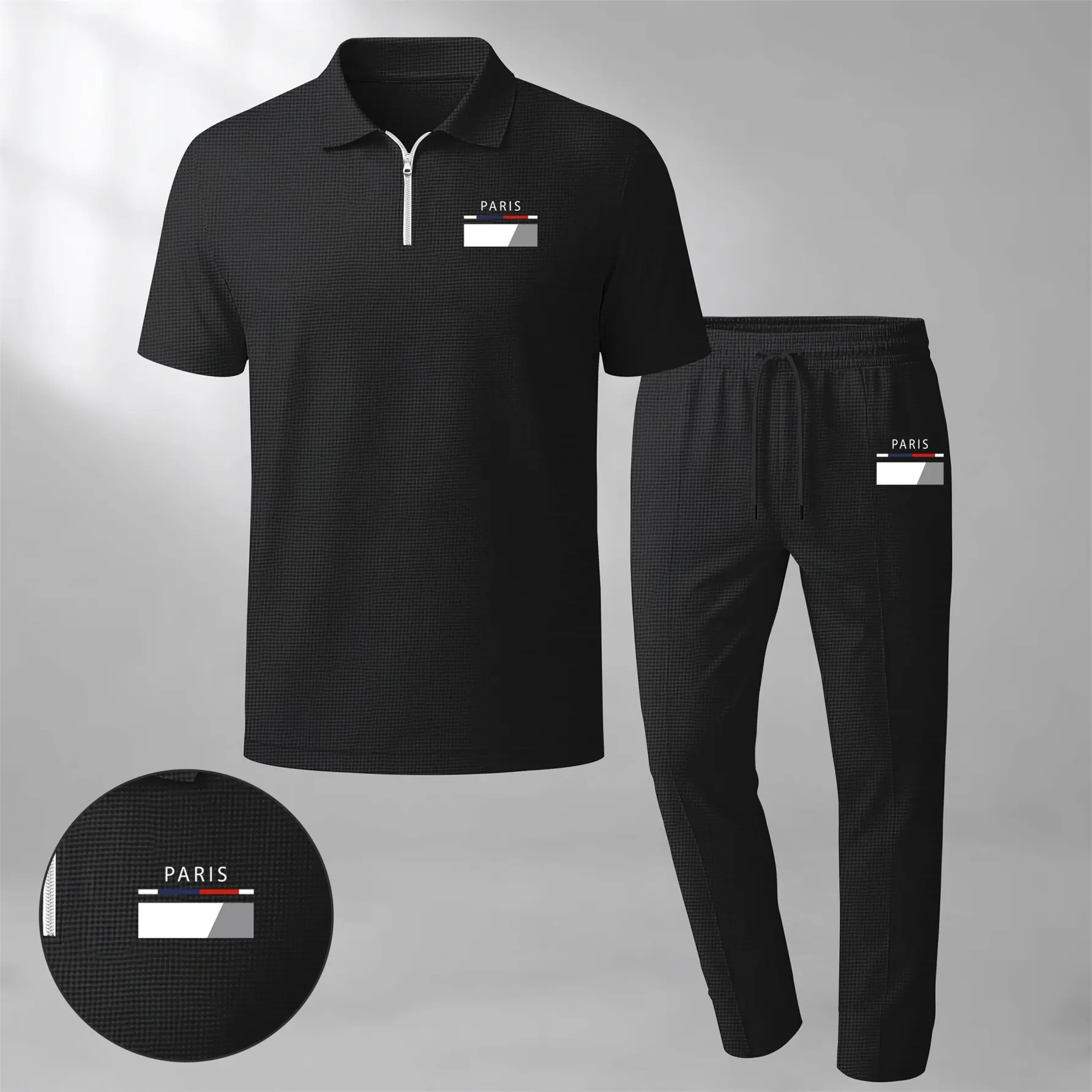 Men's Paris Print Zip-Up Collar Short-Sleeve Polo Shirt And Pants Two-Piece Set, Made With Waffle Knit Fabric, Breathable And Comfortable, Soft Texture, And A Relaxed Fit, Suitable For Everyday Casual Wear.