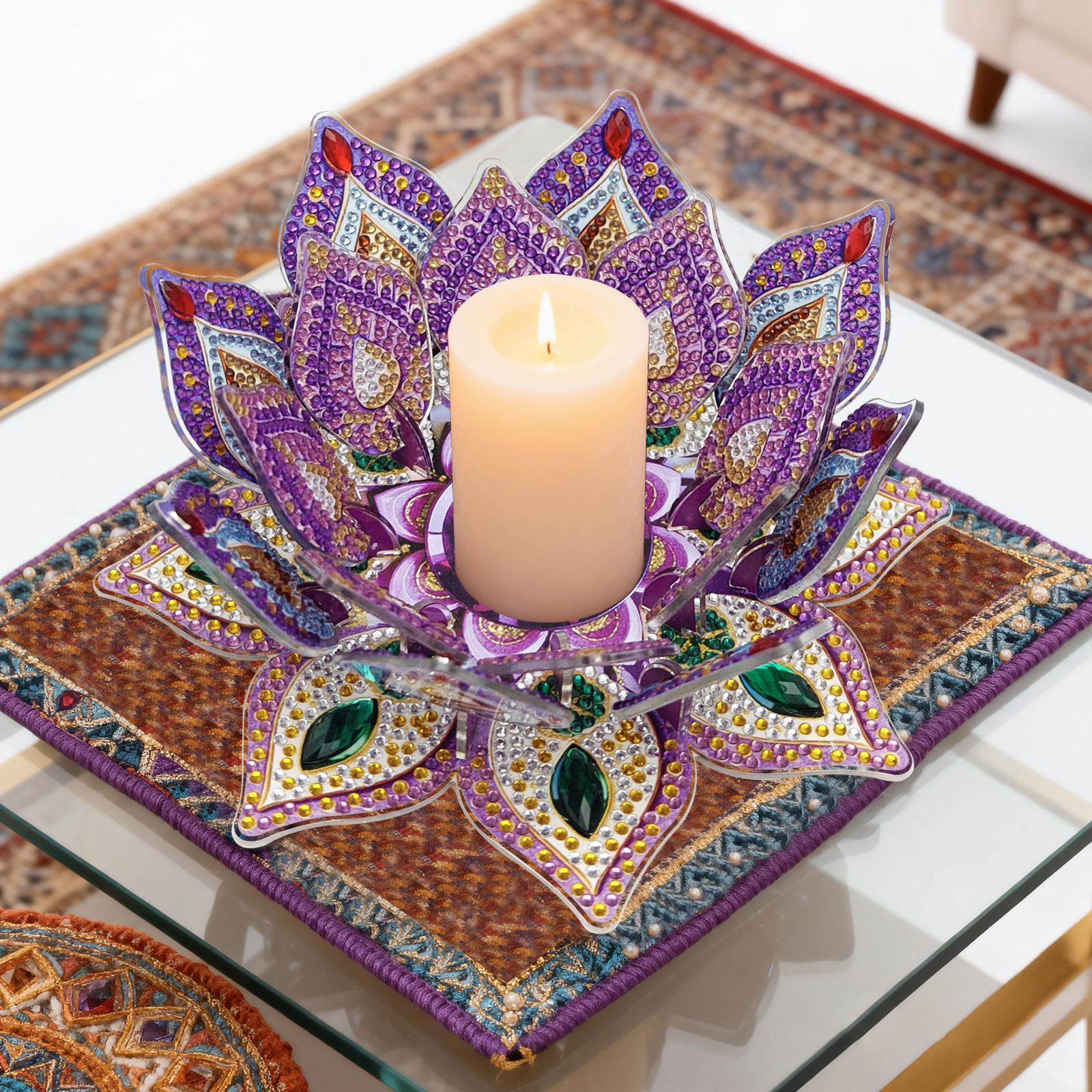 Handmade Diamond Art Painting Lotus Candle Holder Kit ,Candle Tray DIY Kit,Aromatherapy Decor,Romantic Ambience Home Living Room Ornament,Living Room Accent Stress Relief Finds,No Candle Included
