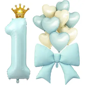 LilyZheng Baby Blue Number 1 Foil Balloon Set, 40 Inch Number Balloon with Crown, Bow & Heart Balloons for Boys and Girls 1st Birthday, Baby Shower & Prince Party